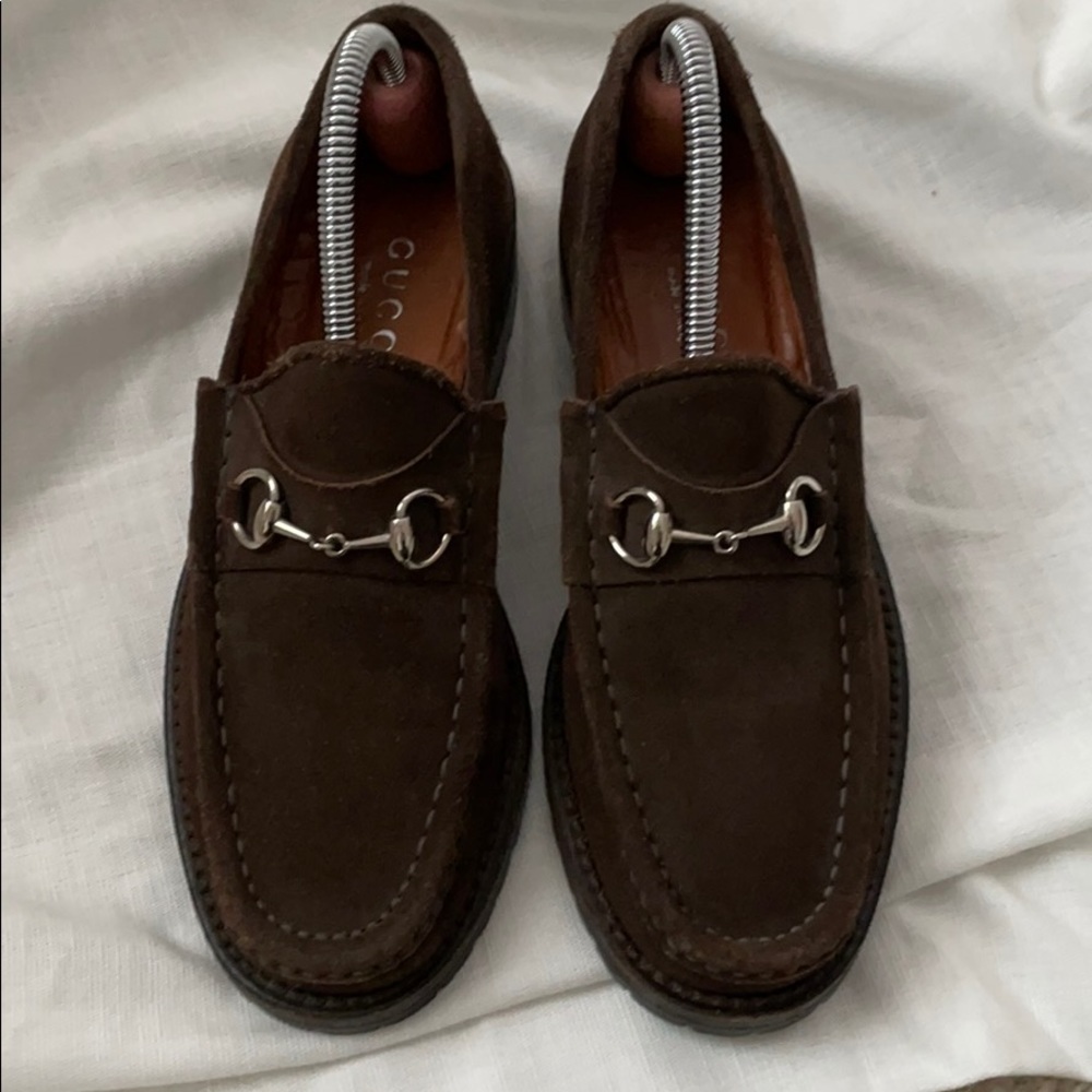 Brown suede Gucci Lug Sole Loafers